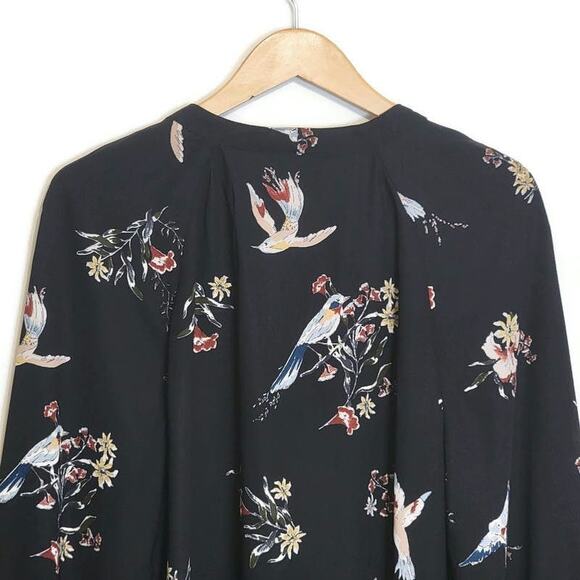 H&M Floral Bird Print V Neck Tie Neck Long Sleeve Black Shift Dress Size 12 - Picture 8 of 14
